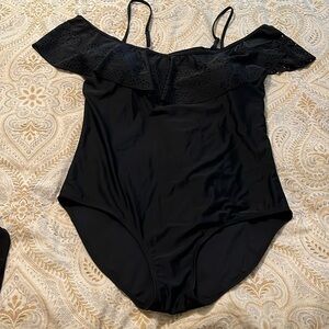 Black One piece swimsuit Lacey off shoulder w/ spagetti adj strap XXL